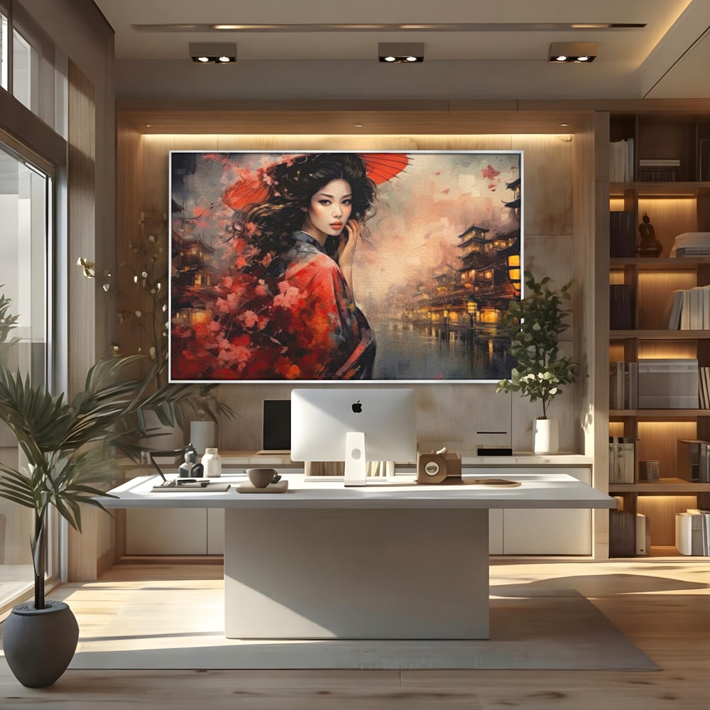 Tablou canvas cu tablou canvas cu gheisa in kyoto, in rama de aluminiu argintiu, pe perete intr-un birou